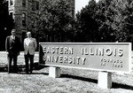 Presidents Fite and Doudna with University Name Sign by University Archives