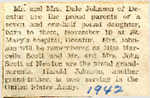 Mr. and Mrs. Dale Johnson (Mr. and Mrs. John Scott of Newton are grandparents) Announce Birth of Daughter 1942 by Newton Illinois Public Library