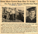 Sainte Marie Farmer Stops Plow To Accept His New Farm Bureau Membership Plate (Seaman First Class Edmund F. Fowler) 10-4-1945
